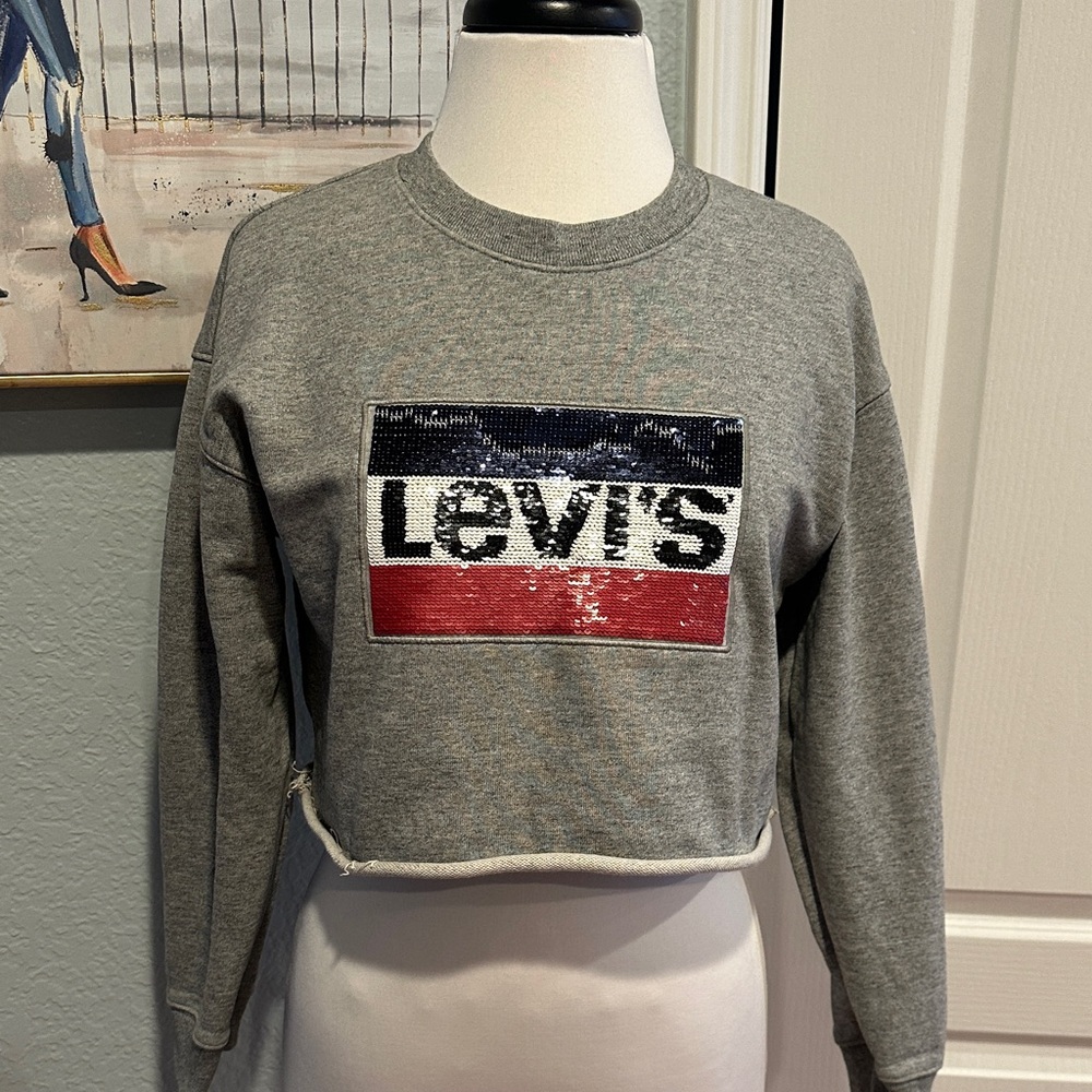 Levi's Sz XS Oversized Gray Sequin Logo Sweatshirt